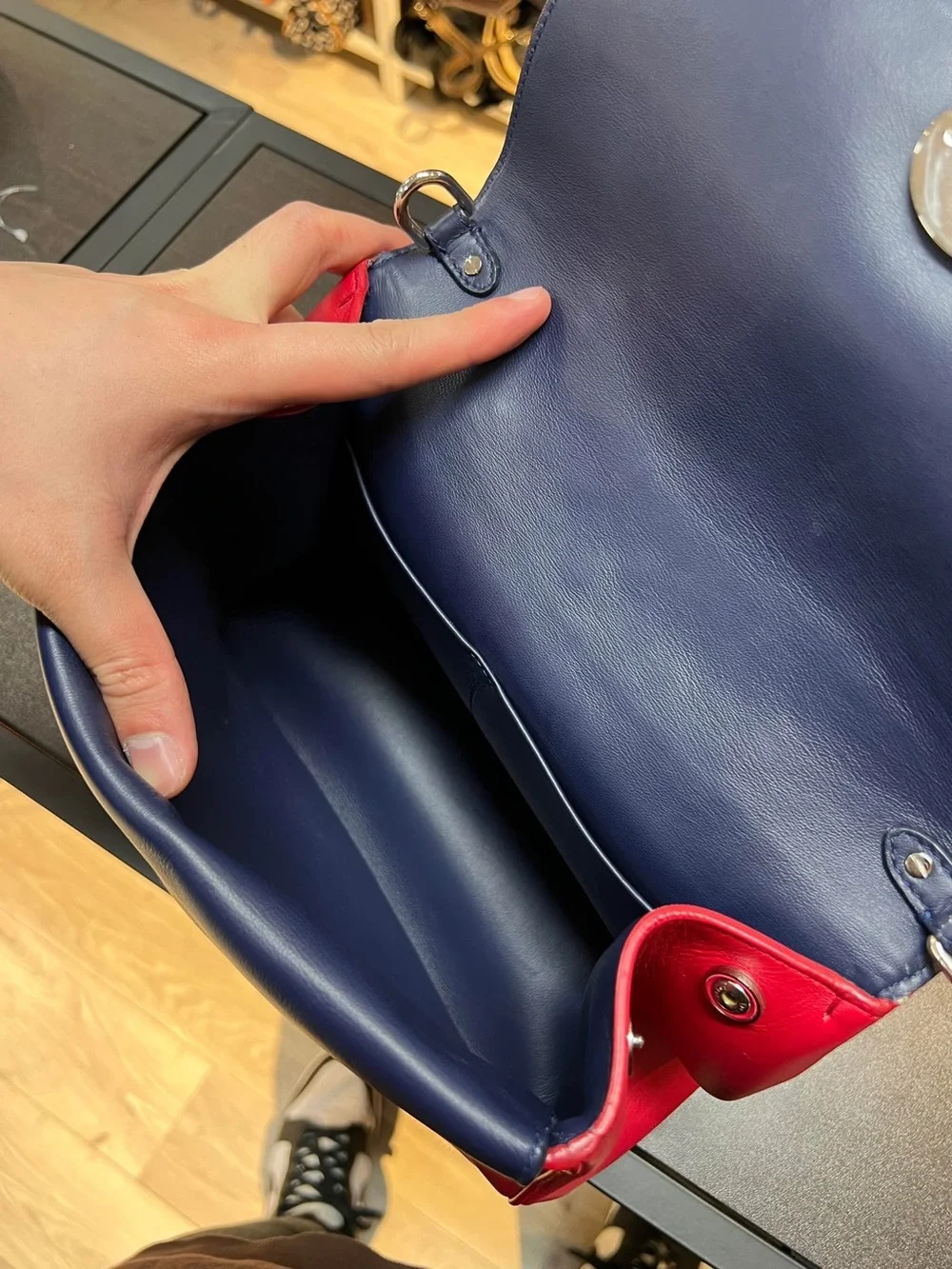 Dior Red Satchel with White Top Handle and Navy Charm